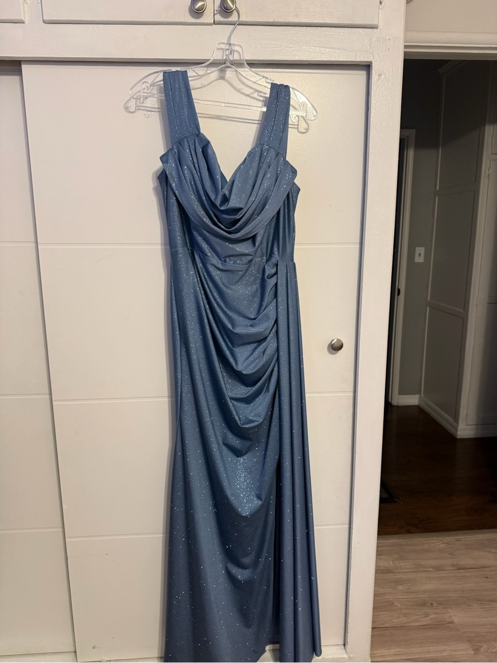 Blue Sparkle Draped Maxi Dress with Cowl Neck